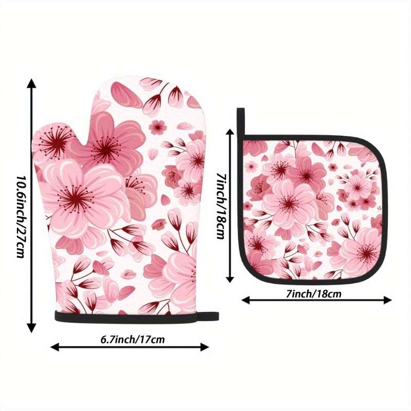 2pcs Pink Cherry Blossom Oven Mitts Pot Holders (26.92x17.02cm) Heat Resistant Polyester