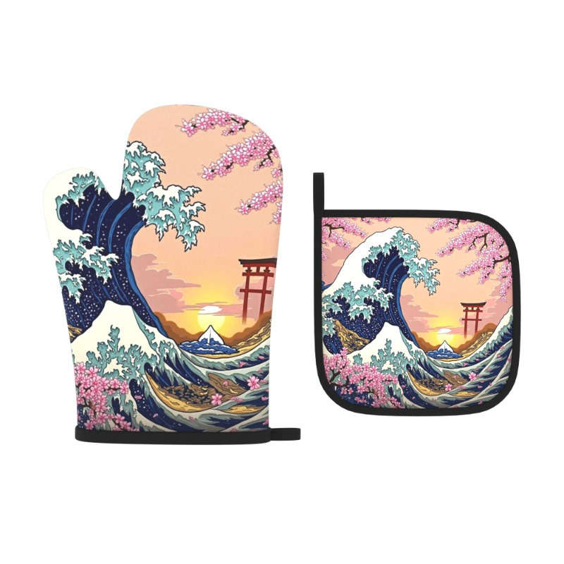 2pcs Set Cherry Blossom Oven Mitts Pot Holders 26.92x17.02cm Heat Resistant Non-Slip Kitch
