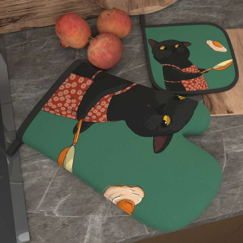 2pcs Cute Black Cat Oven Mitts Pot Holders Heat Resistant Polyester Machine Washable Pl