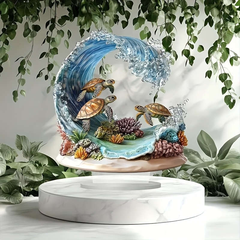 1pc 2D Flat  Bohemian Style Crystal Sea Turtle Wave Decor Plaque Vibrant Oceanic Scene with Color