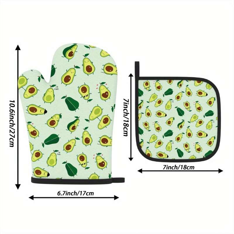 2pcs Avocado Pattern Oven Mitt Set Heat Resistant Polyester Kitchen Accessories Machine Washa