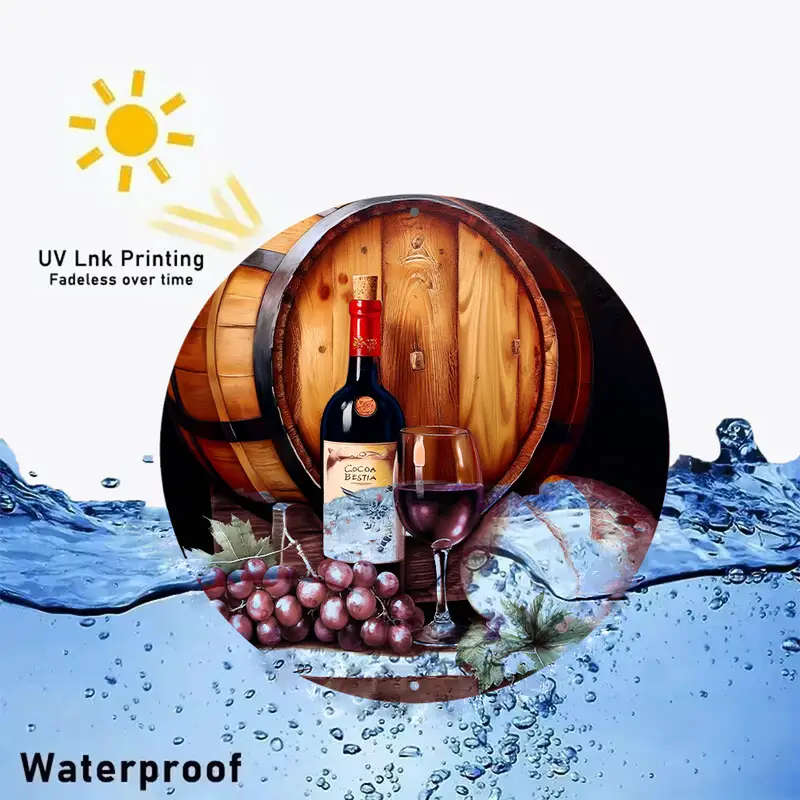1pc Bottle of Wine And a Glass of Red Wine Next to a Wreath Sign 8X8 Inch 20Cmx20Cm Round Aluminum S