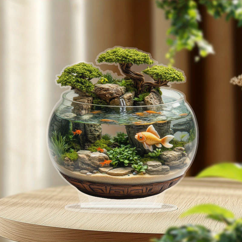 1pc 2D Flat  Acrylic Trim 8-Inch Glass Container with Golden Fish and Artificial Mountain Landscape