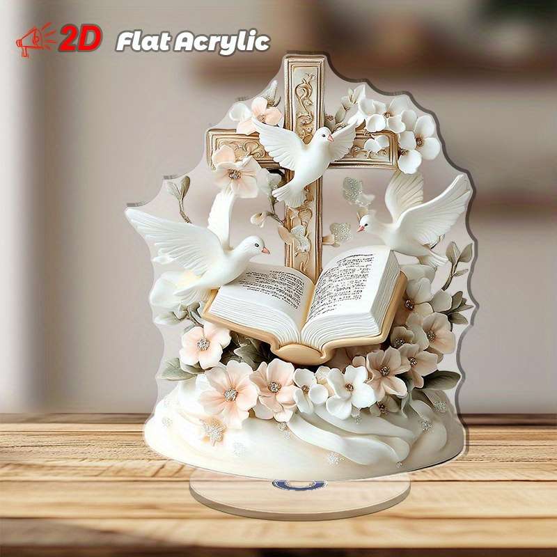 1pc 2D Flat  Acrylic 3D Cross Pendant with Doves Flowers and Open Bible Rotating Crystal Desktop