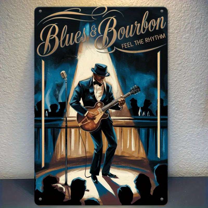 1pc Room Decor  Blues Bourbon Jazz Theme Iron Tin Sign 30.48x20.32 cm 2D Printed Wall Art for