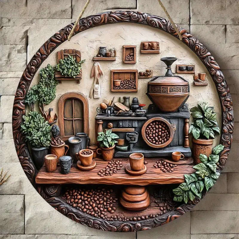 1pc Rustic Round Wooden Coffee Machine Theme Wall Art 20.32x20.32cm 2D Flat Printed Sign for Home Of