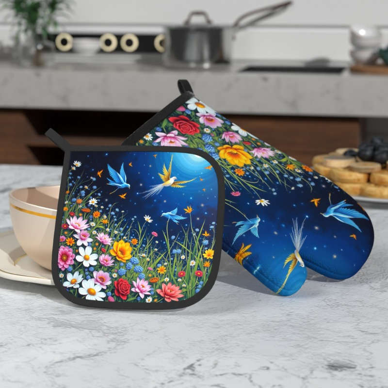 2pcs Set Colorful Floral Bird Design Polyester Oven Mitts and Potholders Heat Resistant Mac