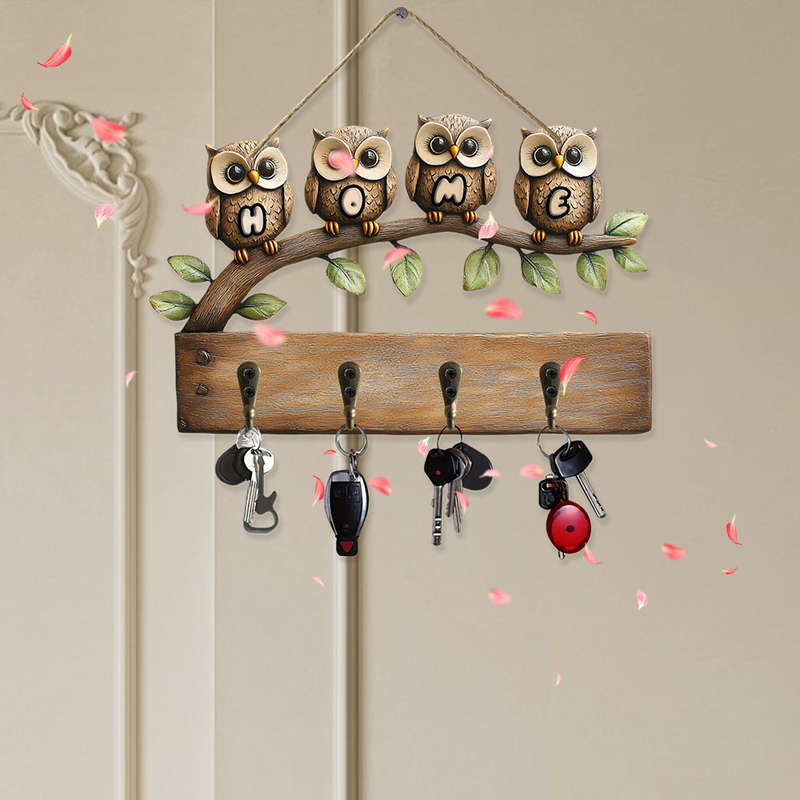 Vintage Owl Family Wall Hook RackRustic Wooden Key Holder with 4 Hooks Charming Owl Design for H