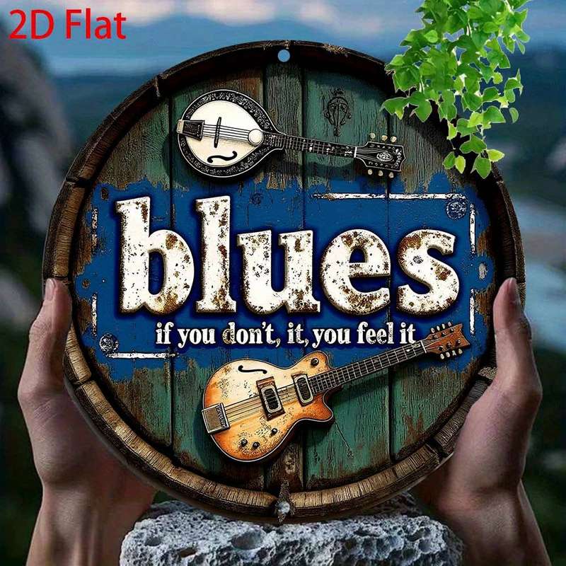 1pc Vintage Blues Music-Inspired 20.32x20.32 cm Metal Sign Rustic Blue Guitar Accordion Wall Ar