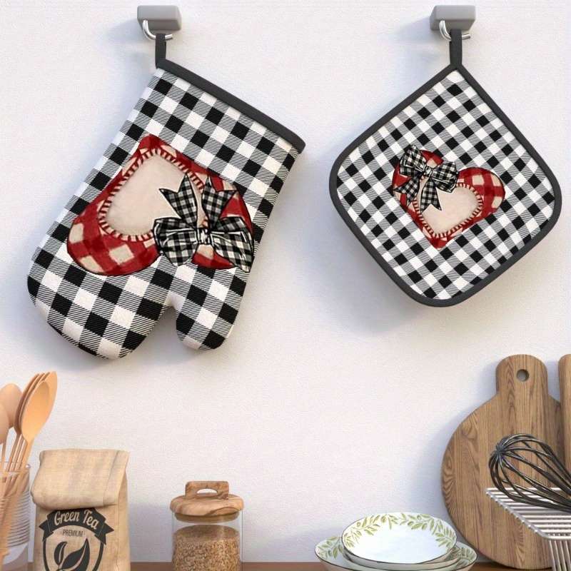 2pcs Valentine'S Day Romantic Plaid Love Oven Mitt Set 26.92x17.02 cm Heat Resistant Polyester