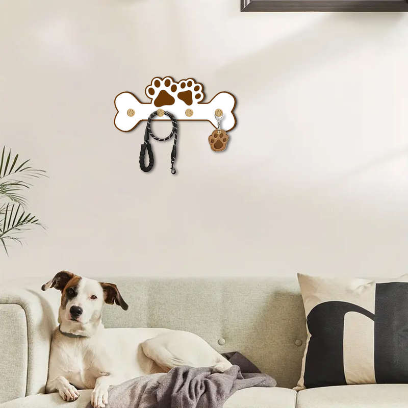 1pc Charming Wooden Dog Paw  Bone Design Wall Hanger with 4 HooksKey  Leash Organizer Perfect