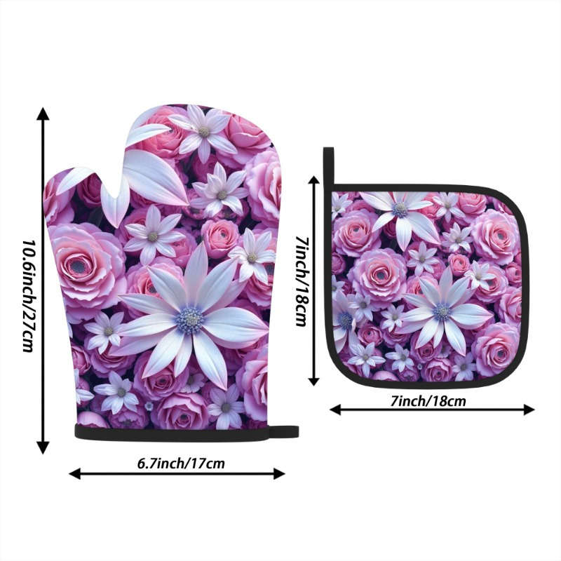 2pcs 26.92x17.02 cm Heat Resistant Oven Mitts and Potholders Beautiful Purple Flowers Oven Mitt
