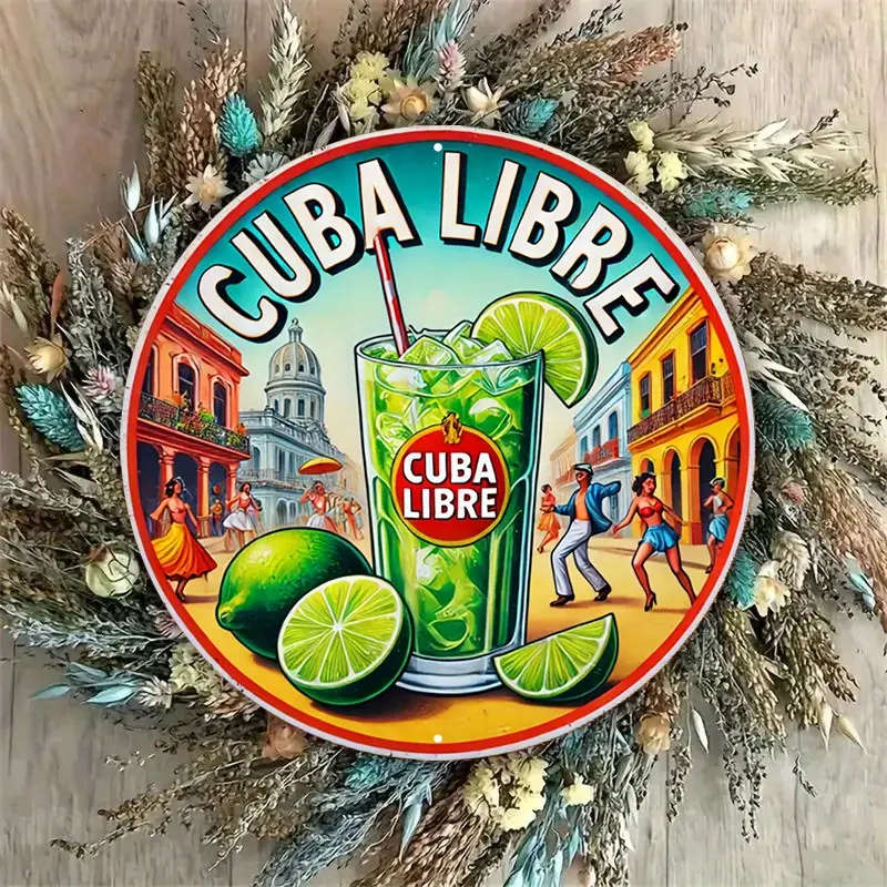 1pc Vintage Metal Sign Cuba Libre Cocktail Scene Aluminum Round Poster Vibrant Caribbean Design Retr