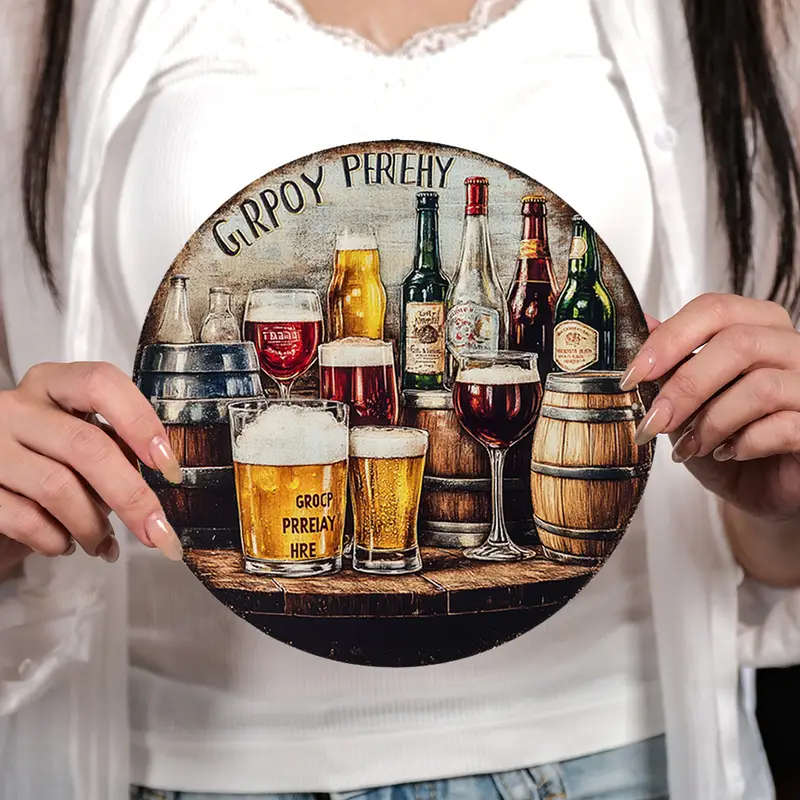 1pc Beer Wine Themed Round Aluminum Wall Hanging Sign 19.81 cm Diameter Ideal for Home Farmhouse Caf