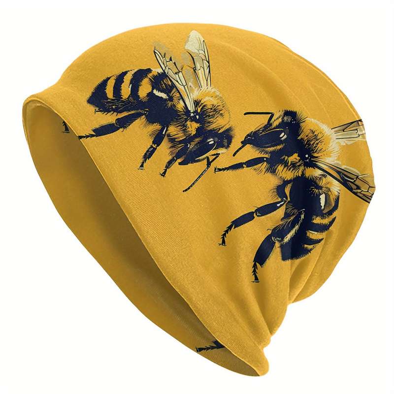 1pc Fashionable Men'S Novelty Bee Print Beanie Hat Polyester Knit Skull Cap with Elastane No