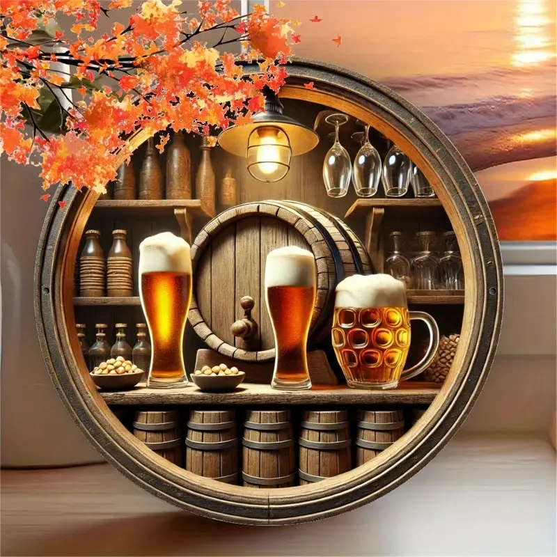 1pc Room Decor 1pc Vintage Beer Barrel Round Aluminum Sign Rustic Metal Wall Art with Foam Beer Bar
