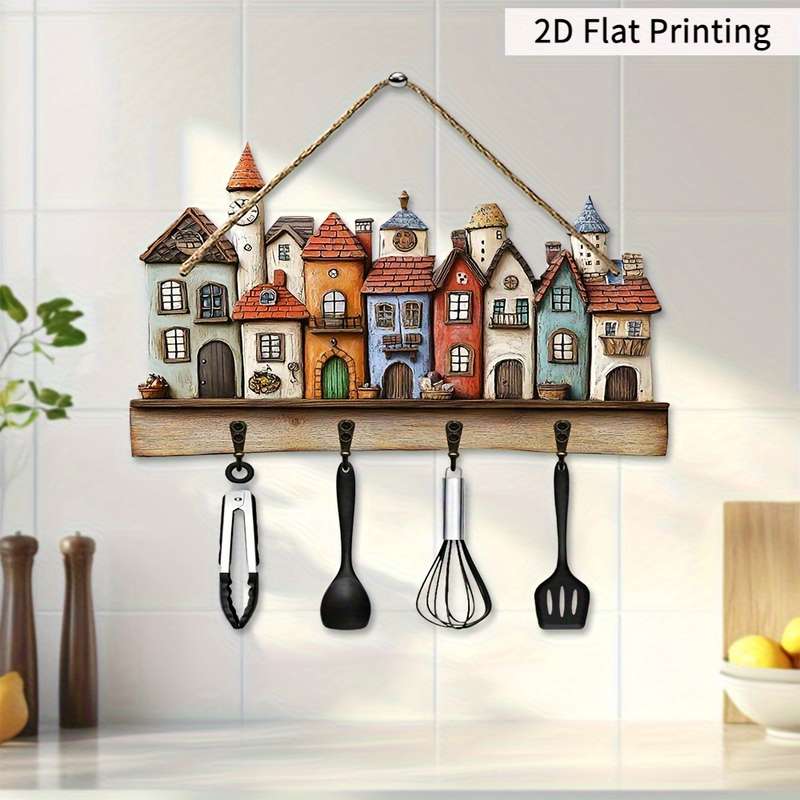 2D Flat Wooden TownhouseHome Wooden Key Holder 29.97 cm x 22.86 cm with Four Metal HooksMultif