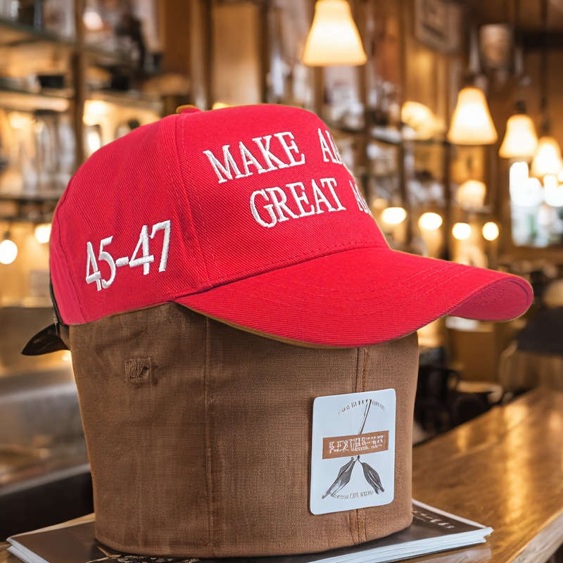1pc Patriotic 2024 Cotton Baseball Cap Red with Make America Great Again 45-47 Print All-Se