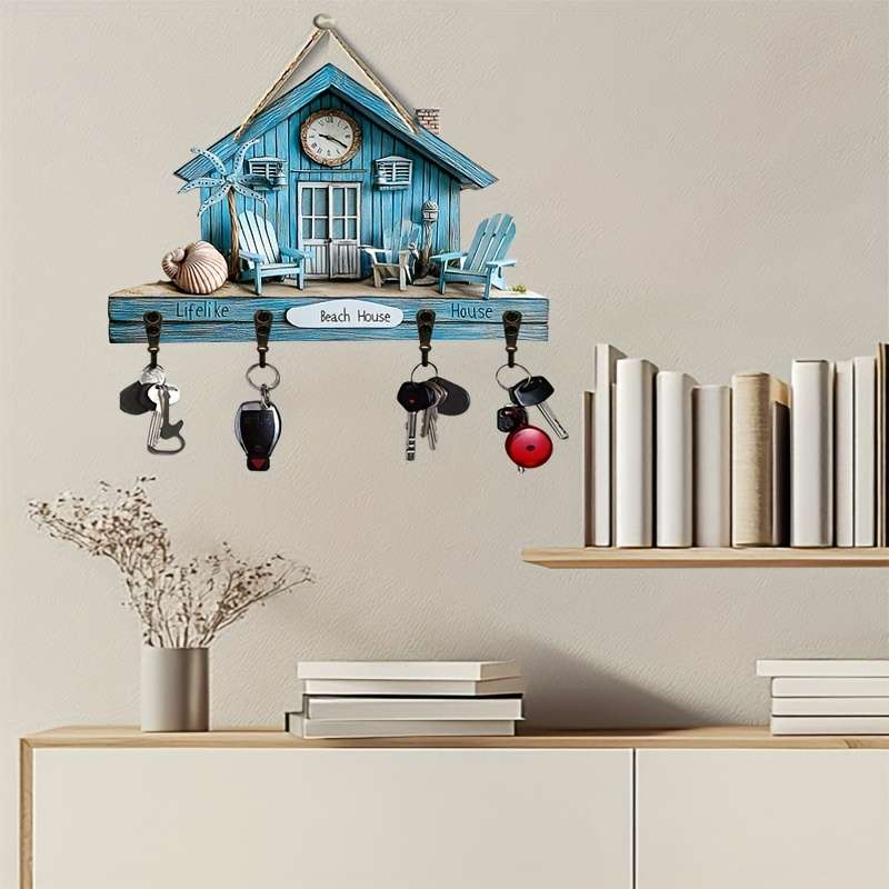 2Dflat Simple Colorful Wooden with Home Key Hook Comes with Four Metal Hooks 30.0cm x 24.99cm 2D