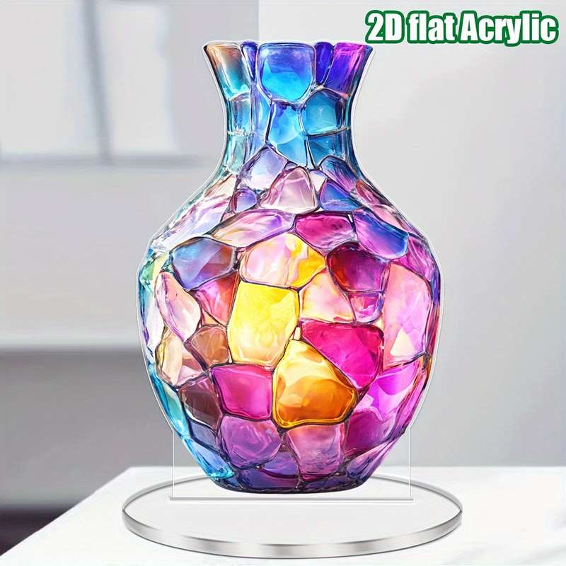 1pc 2D Flat  Acrylic Bohemian Vase Vibrant Mosaic Design Multi-Purpose Tabletop Decor for Home O