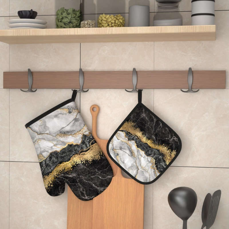 2pcs Marble Pattern Oven Mitt Set 26.92x17.02 cm Heat Resistant Polyester Kitchen Gloves and