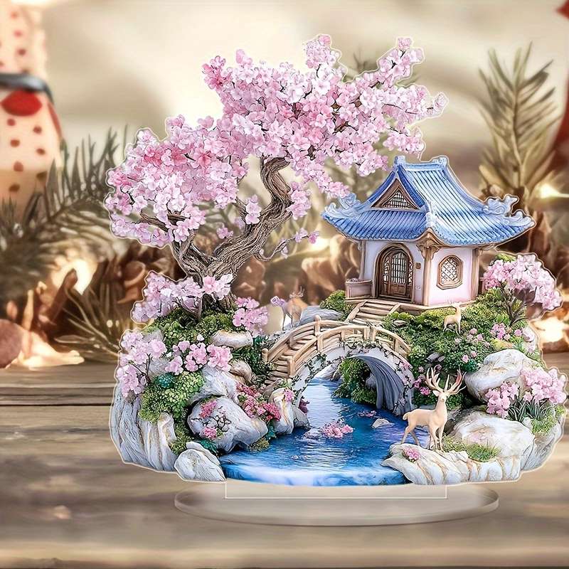 1pc 2D Flat  Bohemian Style Acrylic Cherry Blossom Tree Sculpture  Crystal Landscape Display wit
