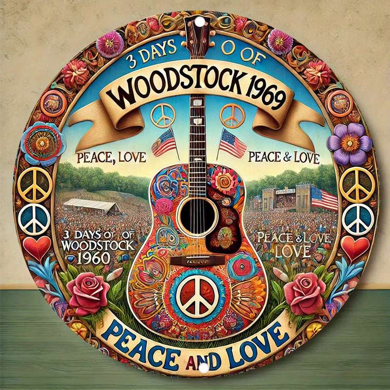 1pc 2D Flat Woodstock Music Festival Hippie Peace Sign Art Retro Round Tin Sign Vintage Wall Dec