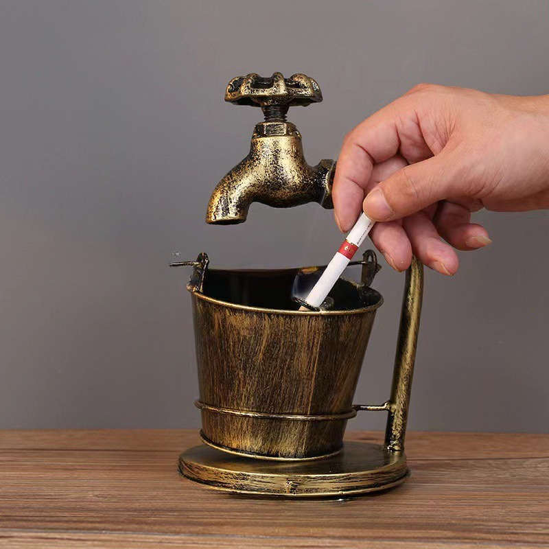 1pc Vintage European-Style Copper Ashtray with Faucet Design C Decorative Iron Art for Home Office