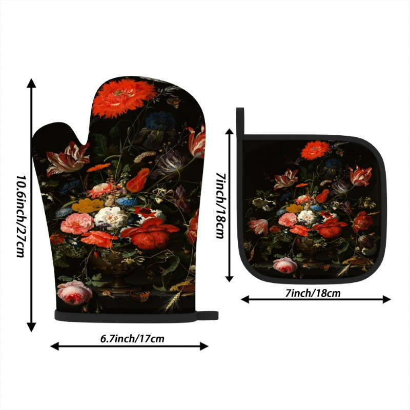 2pcs Floral Oven Mitts Pot Holders Heat Resistant Decorative Kitchen Gloves with Vibrant R
