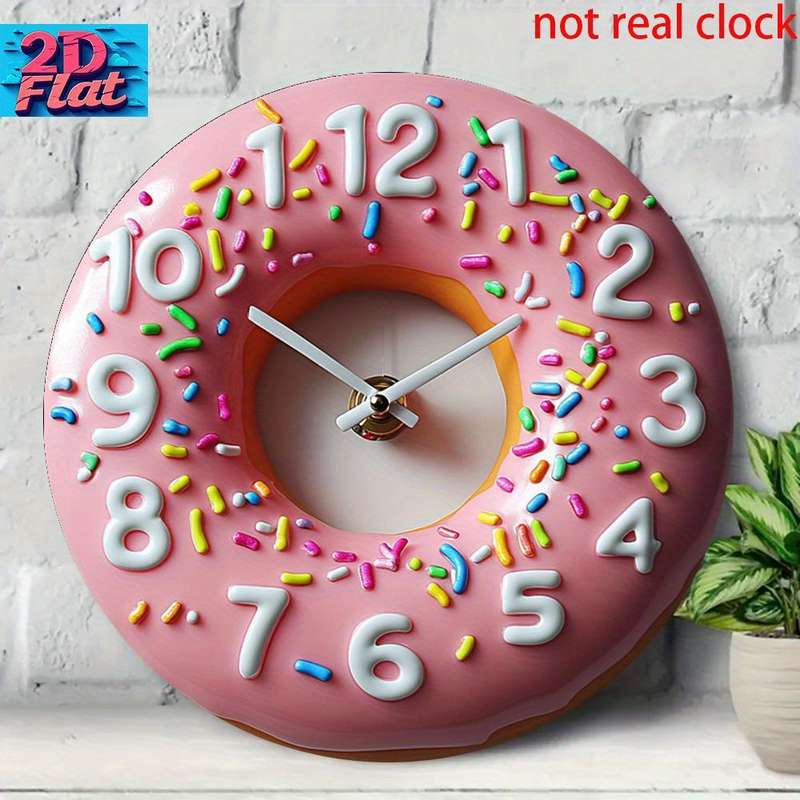 1pc 2D Flat Aluminum Wall Clock Pink Donut Shape with Colorful Sprinkles Frosting Not real clock