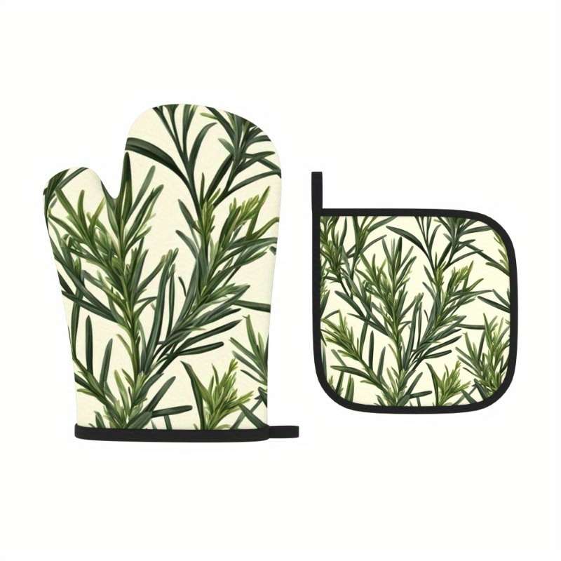 2pcs Botanical Print Oven Mitts Pot Holders Heat-Resistant 26.92x17.02cm Green Plant Desi