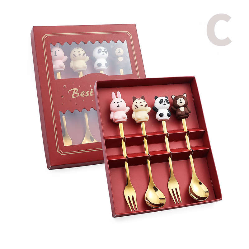 4pcs Gift Box Cartoon Spoon Stainless Steel Spoon Fork Watermelon Doll Animal Dessert Fruit Spo