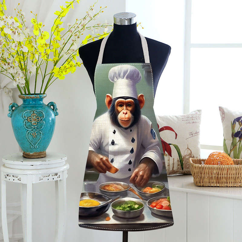 1pc Creative Monkey Chef Pattern Apron Adjustable Straps Durable Polyester Kitchen Cooking Bi
