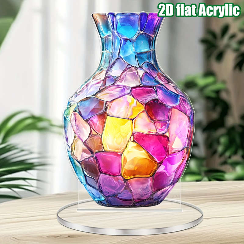 1pc 2D Flat  Acrylic Bohemian Vase Vibrant Mosaic Design Multi-Purpose Tabletop Decor for Home O