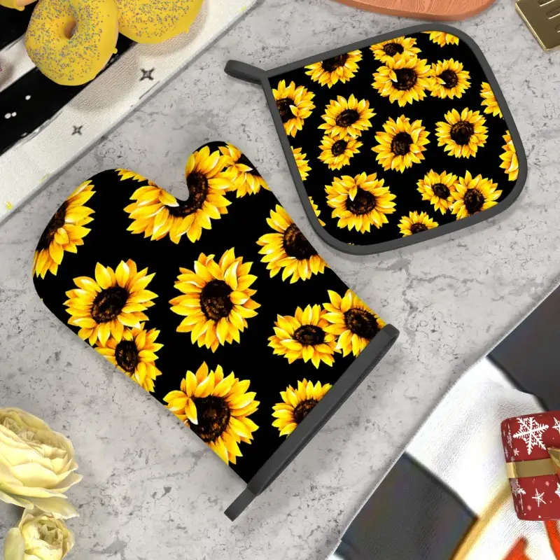 2pcs Sunflower Oven Mitt Set Heat Resistant Polyester Kitchen Gloves and Potholders Woven Machine Wa