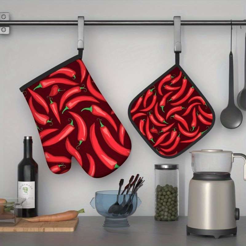 2pcs Red Chili Pepper Oven Mitts Woven Polyester Potholders Heat-Resistant up to 500F Machi