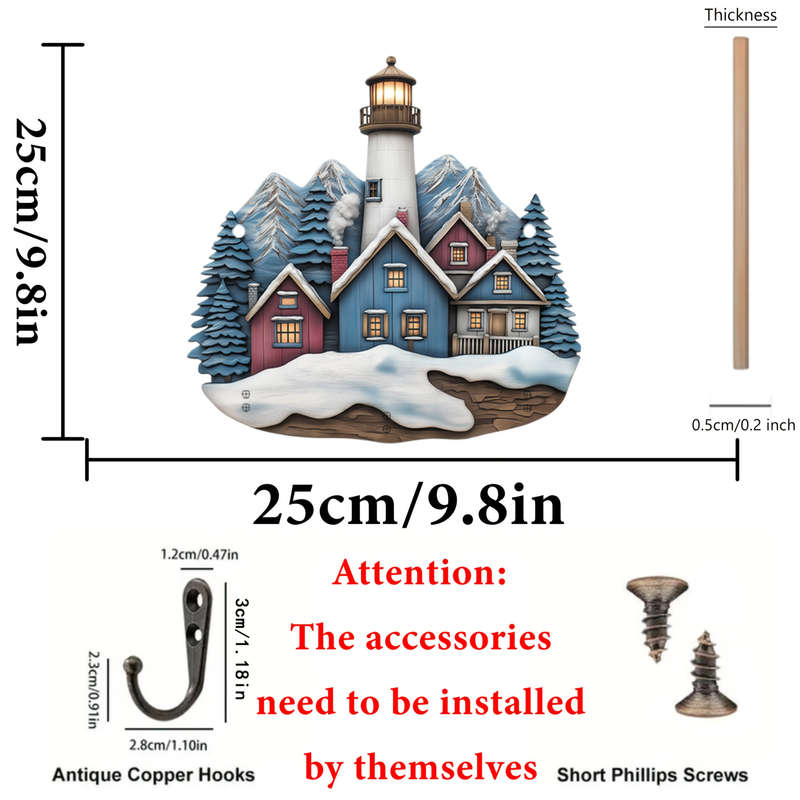 Bohemian Lighthouse and Snowy Cabin Wooden Key Holder with 3 Metal Hooks Charming Wall-Mounted Sto