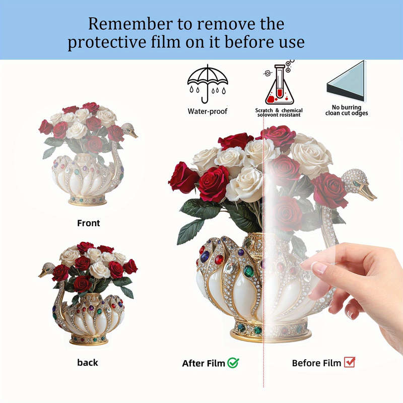 1pc 2D Flat  Elegance Swan Vase with Gemstone Embellishments White and Gold Acrylic Tabletop Deco