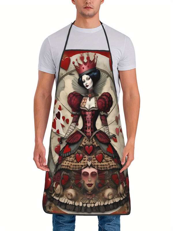 1pc Vintage-Inspired Playing Card Queen Kitchen Apron Polyester Red and White Adjustable Ties
