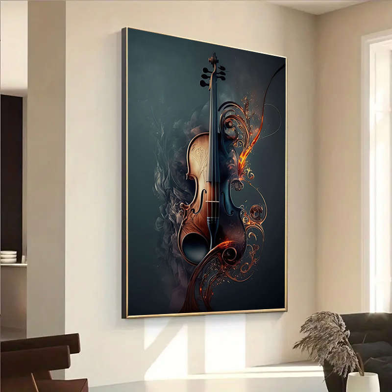 1pc  Large 79.98x119.99cm Frameless Canvas Art Elegant Violin Design with Fiery Swirls Modern