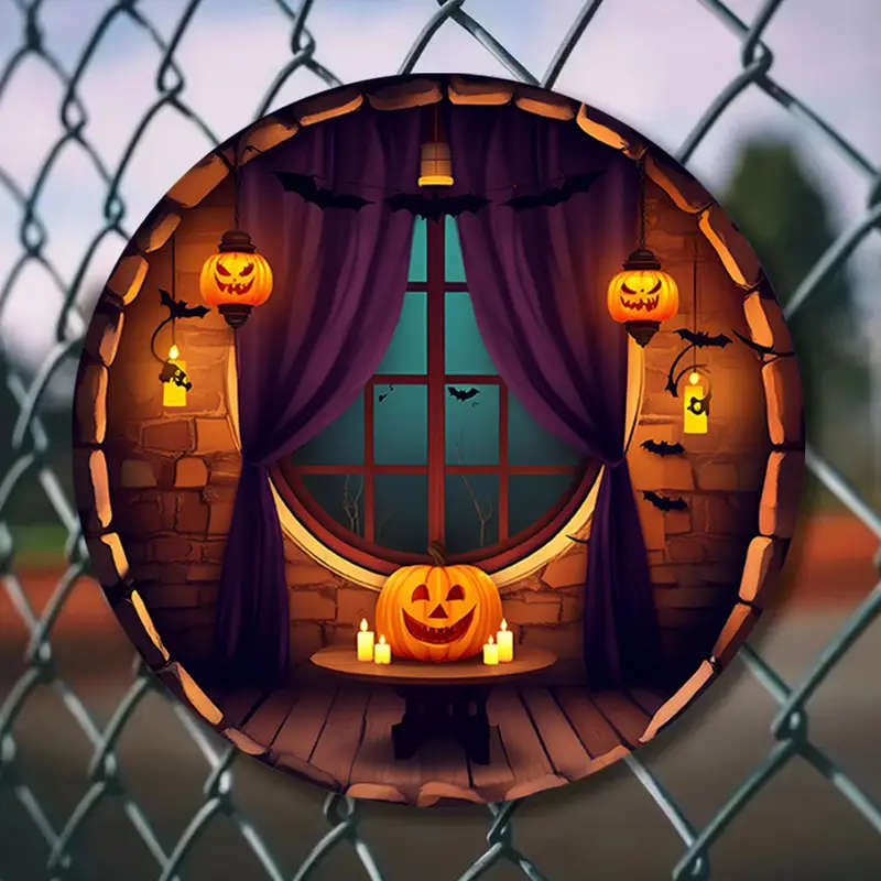 1pc Room Decor Rustic Round Aluminum Sign 19.6 cm Halloween Pumpkin Theme Wall Art Vintage Style Dec