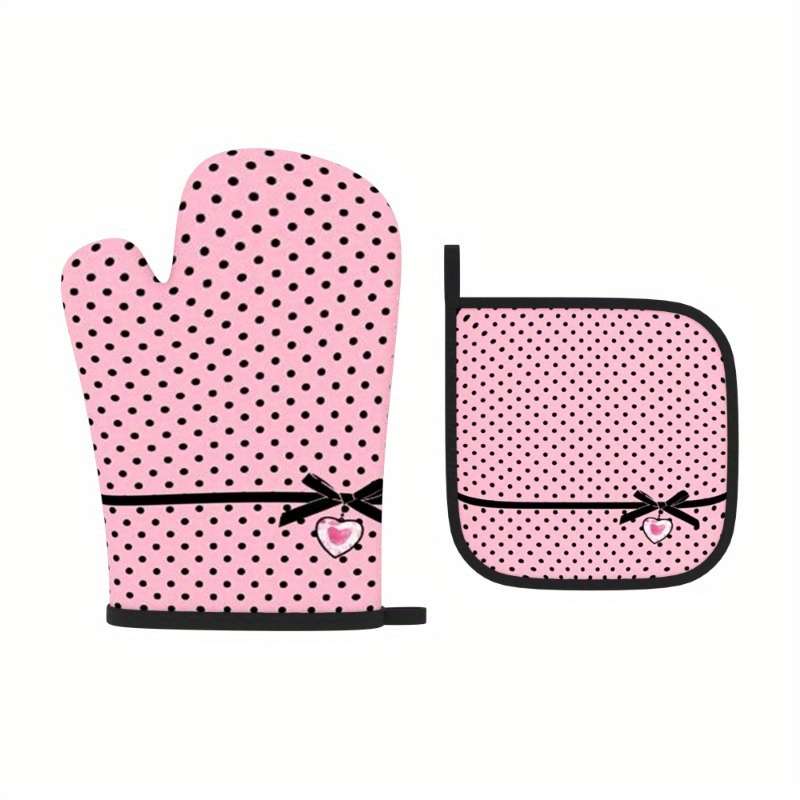 2pcs Chic Pink Polka Dot Oven Mitts Pot Holders with Heart Bow Detail Heat Resistant Machi