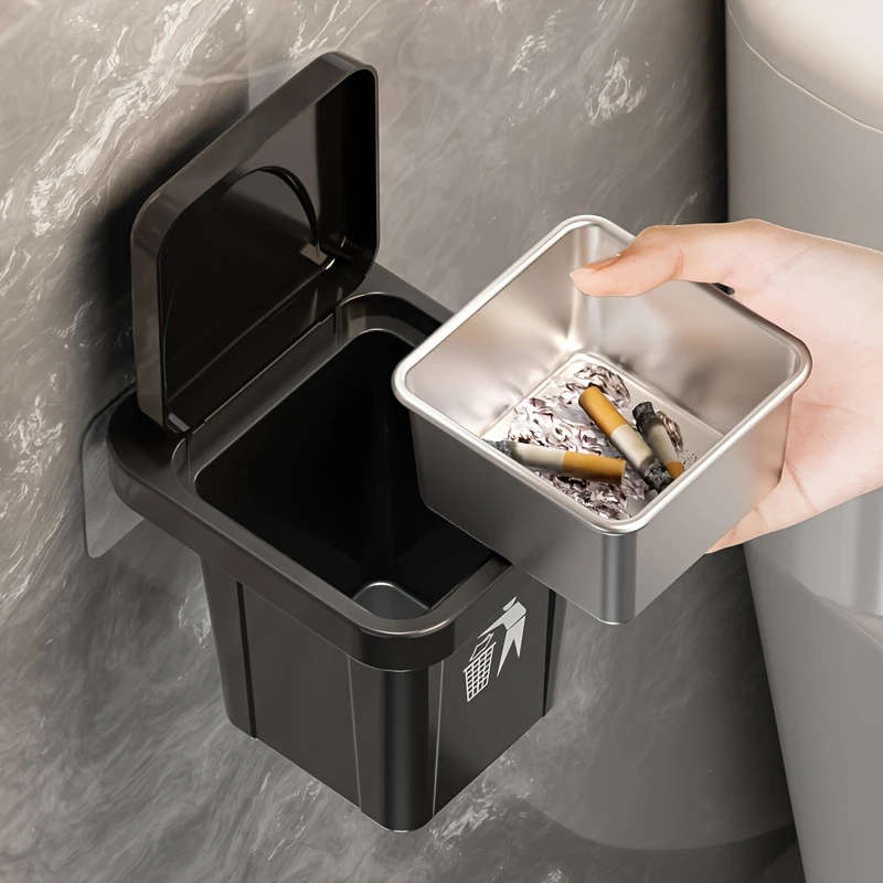 1pc LDQ Stainless Steel Wall-Mounted Ashtray with Red Lid No Drilling Required Modern Square Design