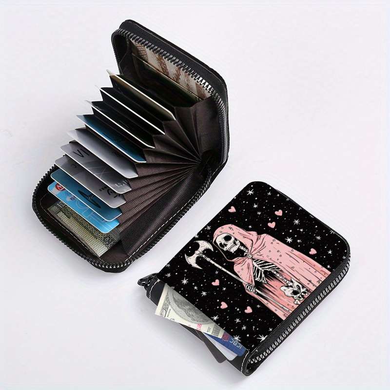 1pc Grim Reaper Pink Skull Print Wallet with 9+2 Card Slots C Stylish Zippered Purse for Everyday U