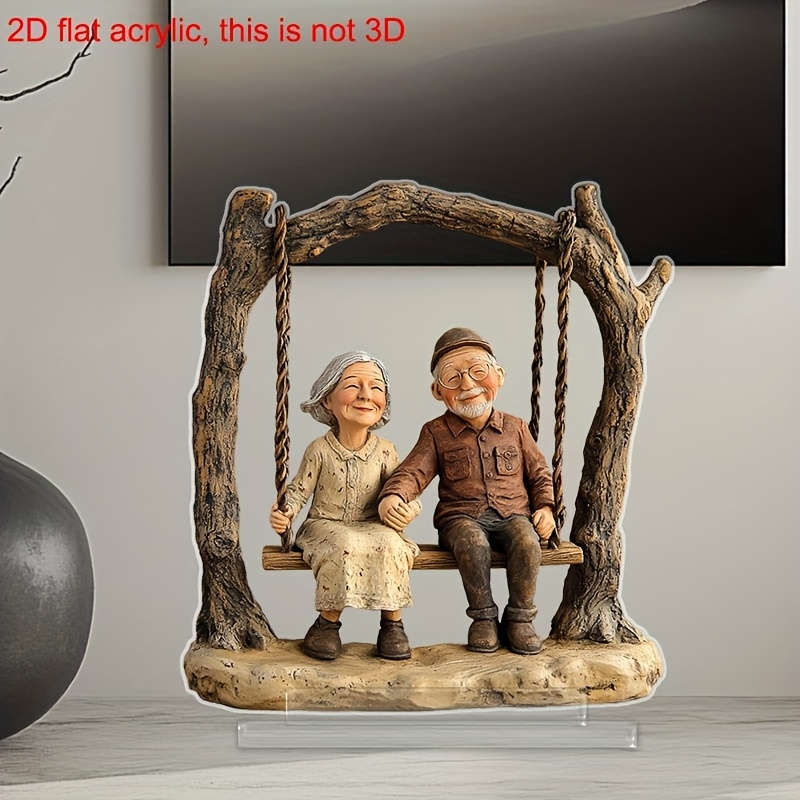 1pc 2D Flat  Acrylic  Acrylic Elderly Couple on Swing Decorative Statue Bohemian Style Tab