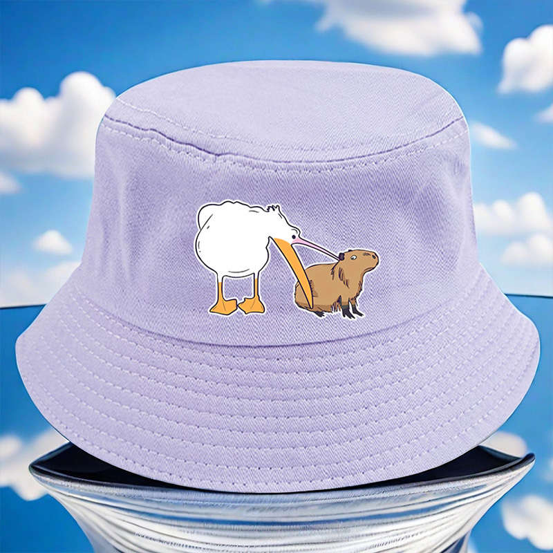 1pc Fun Goose with Big Mouth Eating Small Animals Print Bucket Hat Versatile and Lightweight Avai