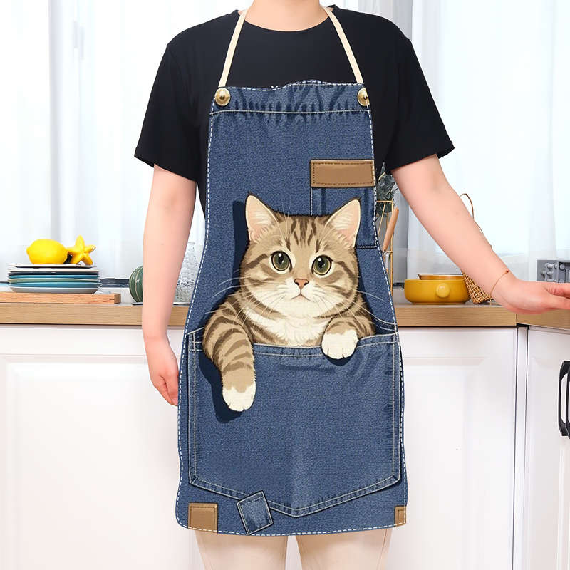 1pc Adult-Sized Linen Apron with Cute Cat in Pocket Design Sleeveless Blue Denim Kitchen Wear Ide