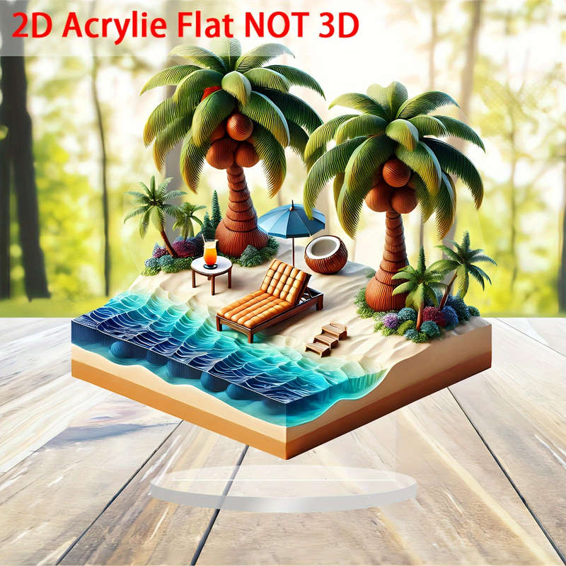 1pc 2D Flat  Vibrant Tropical Island  Acrylic Desk Decor Serene Beach Scene with Lounger Palm
