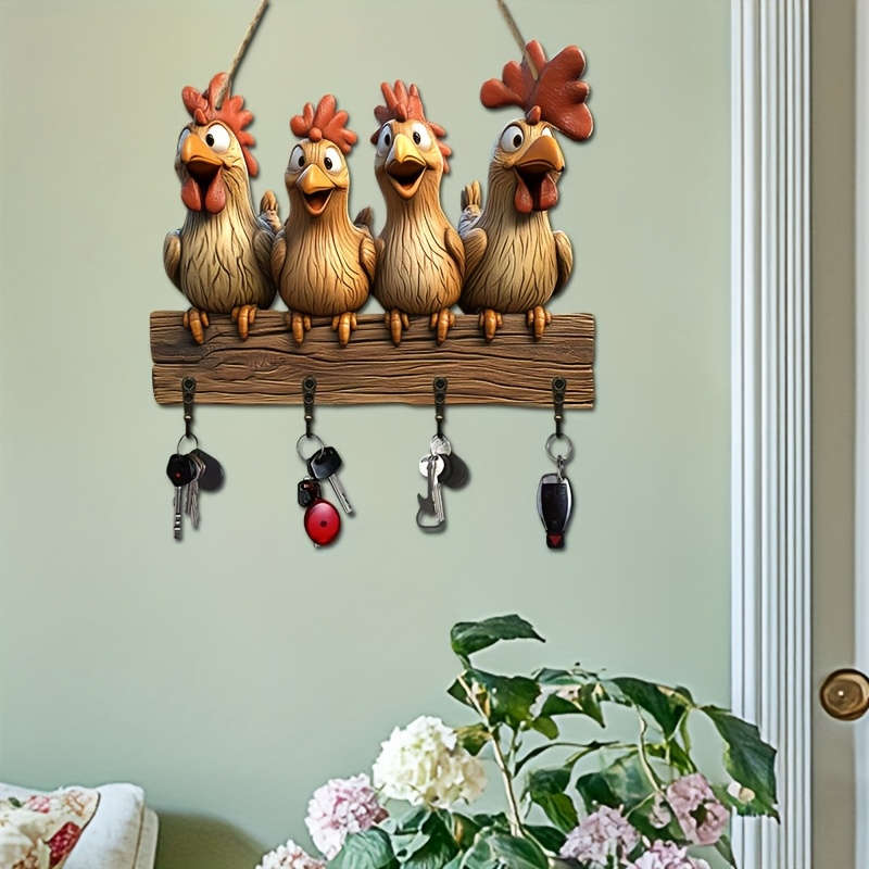 Charming Cartoon Hen Wooden Key Holder with 4 Metal HooksRustic Wall Art for Home Porch  Room D