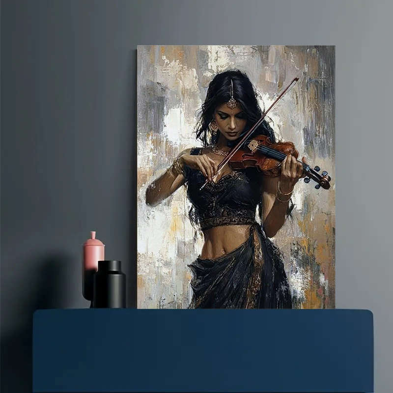 1pc  Graceful Violinist Printed Canvas Wall Art Portrait of a Woman in Black Traditional Attir